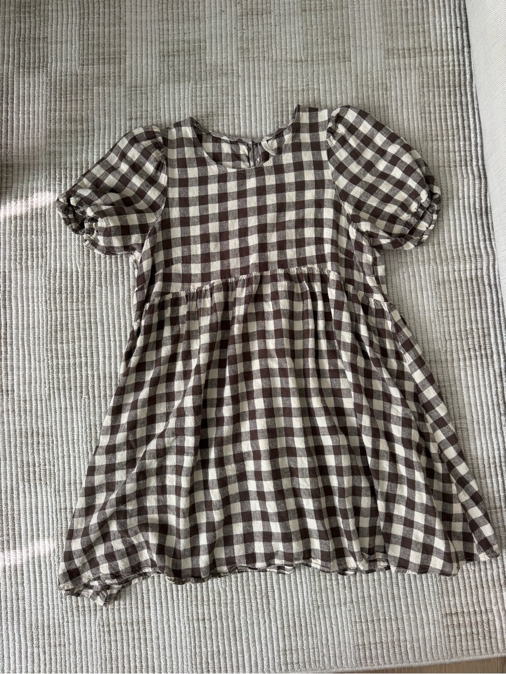 Rylee + Cru Brown and Cream Gingham Puff-Sleeve Mini Dress